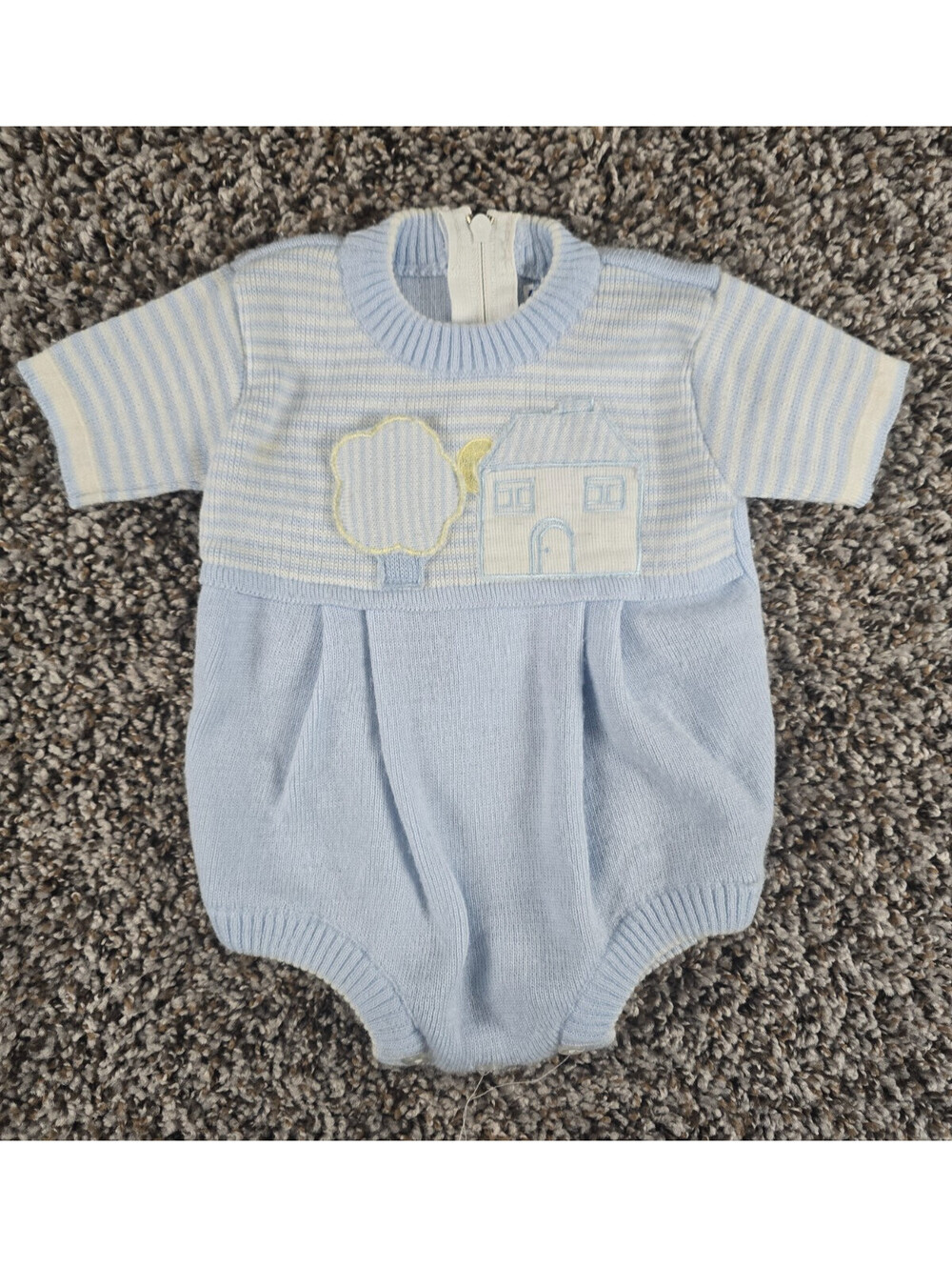 Vintage Friedknit Creations Baby Boys Sz 3-6M One Piece Light Blue House Print